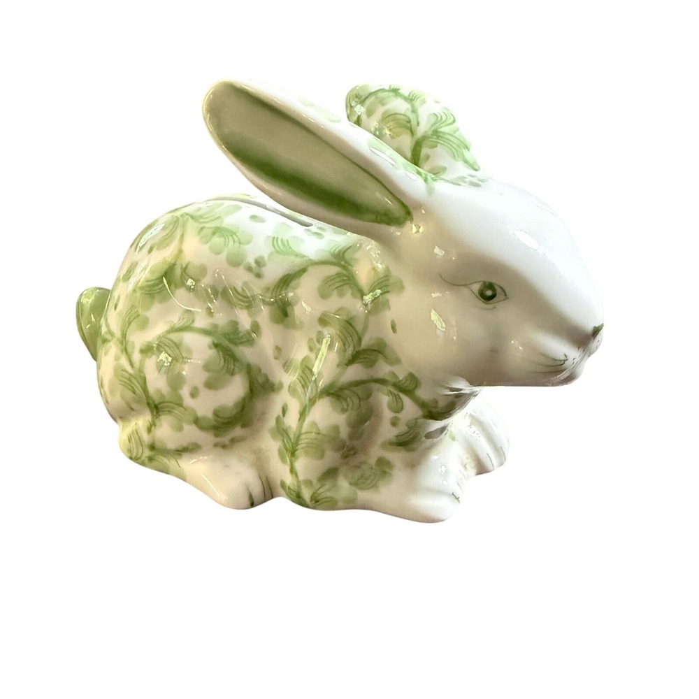 Andrea by Sadek Rabbit Piggy Bank Green Floral Botanical Porcelain Figurine VTG